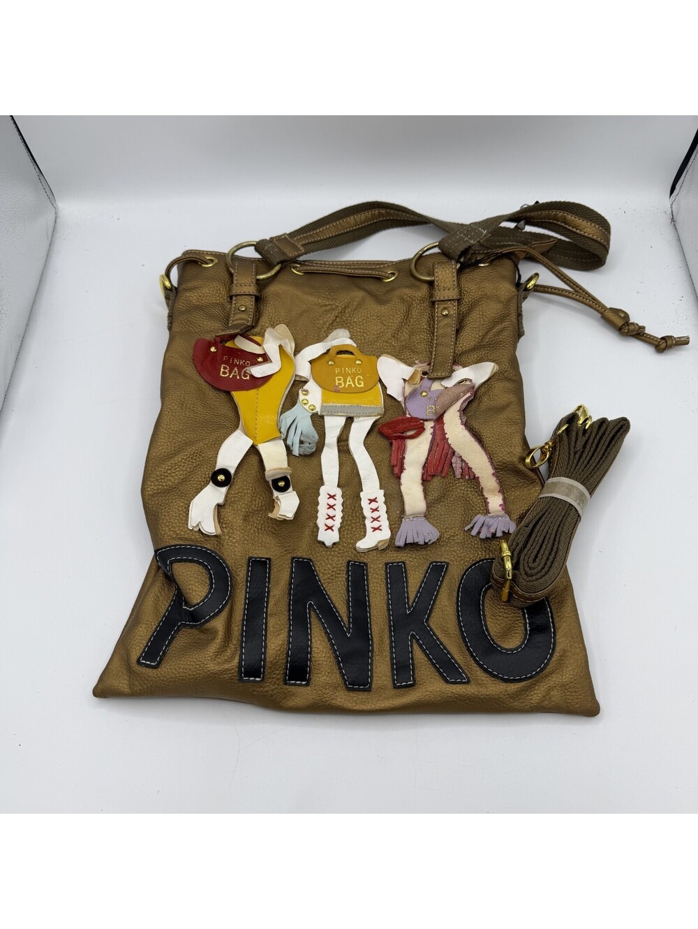 Pinko unique cartoon figure brown leather tote bag